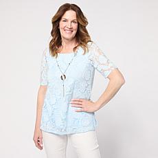 "As Is" Nina Leonard Burnout Knit Elbow Sleeve Necklace Top 