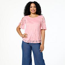 "As Is" Nina Leonard Burnout Knit Flutter-Sleeve Jewel Neck Top