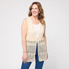 "As Is" Nina Leonard Crochet Tie-Front Cardigan Vest