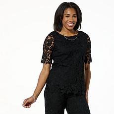 "As Is" Nina Leonard Elbow Sleeve Lace Top