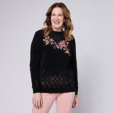 "As Is" Nina Leonard Embroidered Long-Sleeve Chenille Sweater