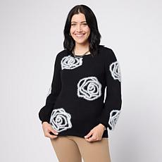 "As Is" Nina Leonard Round Neck Sweater with 3D Flowers