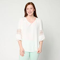 "As Is" Nina Leonard Textured Wave Balloon Sleeve V-Neck Top