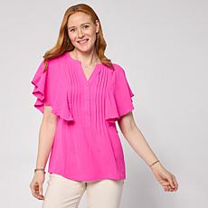 "As Is" Nina Leonard Textured Wave Flutter-Sleeve Mandarin Collar B...