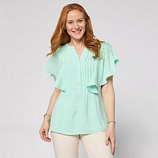 "As Is" Nina Leonard Textured Wave Flutter-Sleeve Mandarin Collar B...