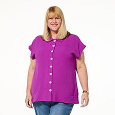 "As Is" Nina Leonard Textured Wave Tortoise Button Top