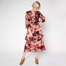 "As Is" TWRHLL by Christie Brinkley Ruffled Chiffon Midi Dress