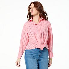 "As Is" TWRHLL by Christie Brinkley Twist-Front Button-Down Blouse