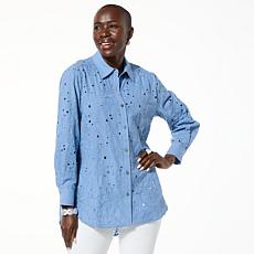 "As Is" WynneCollection Embroidered Button-Down Cotton Shirt