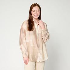 "As Is" WynneCollection Printed Woven Long-Sleeve Collared Shirt