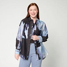 "As Is" WynneCollection Printed Woven Long-Sleeve Collared Shirt