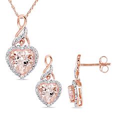 Bellini 10K Morganite and White Diamond Heart Pendant and Earrings Set