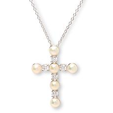 Bright Halo Lab-Grown Diamond & Cultured Pearl Cross Pendant Necklace