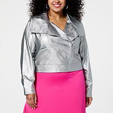C Wonder Runway Collection Metallic Faux Leather Cropped Moto Jacket