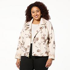 Colleen Lopez Embroidered Faux Leather and Print Moto Jacket
