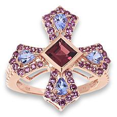 Colleen Lopez Rose Gold-Plated Rhodolite and Tanzanite Cross Ring