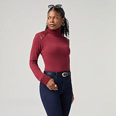 DG2 by Diane Gilman Brushed Sweater Knit Turtleneck Top with PU Det...