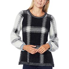 DG2 by Diane Gilman Combo Plaid Lantern-Sleeve Jacquard Sweater