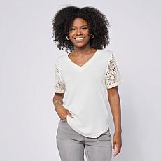 DG2 by Diane Gilman Crochet Lace V-Neck Tee