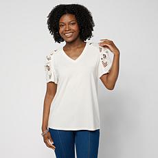 DG2 by Diane Gilman Everyday Jersey Eyelet Ruched Sleeve Top