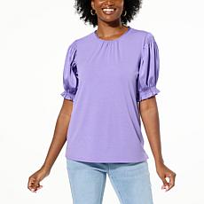 DG2 by Diane Gilman Just Like Silk & Jersey Knit Combo Puff-Sleeve Top