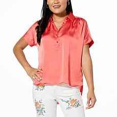 DG2 by Diane Gilman Just Like Silk Shirred Shoulder Button-Up Top