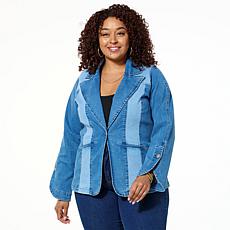 DG2 by Diane Gilman New Classic Stretch Denim Colorblock Blazer