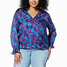 DG2 by Diane Gilman Printed Satin Hi-Low Hem V-Neck Blouse