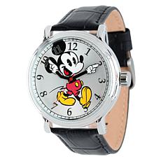 Disney Mickey Mouse Men's Silver Vintage Watch w/ Black Leather Strap