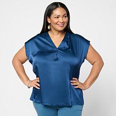 G by Giuliana Woven Front Knit Back V-Neck Top