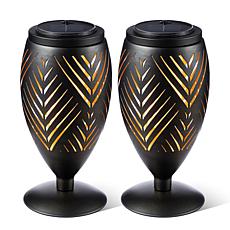 Glitzhome Set of 2 Black Metal Cutout Geometric Solar Outdoor Lantern