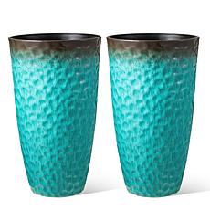 Glitzhome Set of 2 Honeycomb Textured Turquoise Tall Plastic Planters