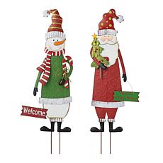 Glitzhome Set of 2 Metal Snowman and Santa Yard Stake or Wall Decor