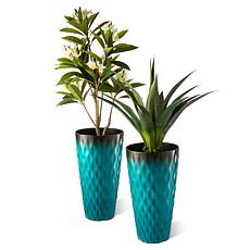 Glitzhome Set of 2 Oversized Wavy Texture Turquoise Plastic Planter