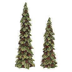 Holly Leaf 2-piece Set of Holiday Trees with Pinecone Accents