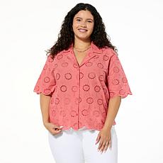 HUE Button Down Eyelet Top with Scalloped Trim