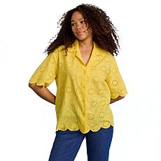 HUE Button Down Eyelet Top with Scalloped Trim