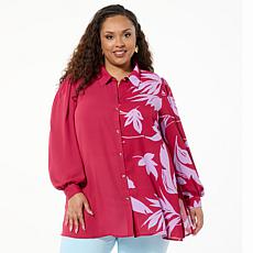 IMAN Global Chic Half-Printed Button-Front Blouse