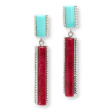 Jay King Turquoise and Red Coral Sterling Silver Dangle Earrings