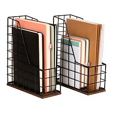 Mind Reader Rustic Wood and Black Metal Wire Vertical File Organizer
