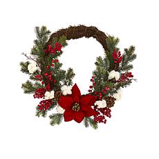 Nearly Natural 19" Poinsettia with Berries & Cotton Artificial Wreath