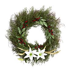 Nearly Natural 20” Cedar, Antlers, Lily and Ruscus with Berries Wreath