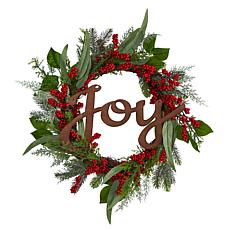 Nearly Natural 24” Joy and Berries Artificial Christmas Wreath