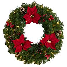 Nearly Natural 24” Poinsettia, Berry and Pinecone Wreath w/ 50 Lights