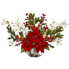 Nearly Natural Poinsettia Dogwood Berry & Pine Artificial Arrangement