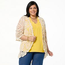 Nina Leonard Bell-Sleeve Open Front Crochet Cardigan