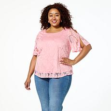 Nina Leonard Burnout Knit Flutter-Sleeve Jewel Neck Top
