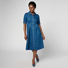 Nina Leonard Collared Button-Front Denim Knit Elbow Sleeve Shirt Dress