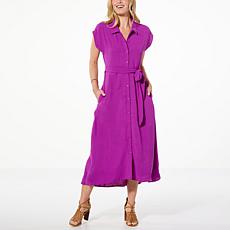 Nina Leonard Collared Self Tie Button Front Dress 