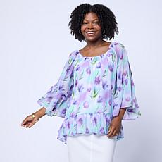 Nina Leonard Crushed Printed Chiffon Tiered Hem Top